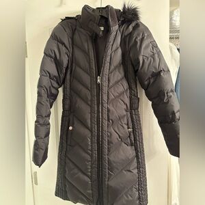 Larry Levine Faux Fur Trim Hooded Black Coat Size XS